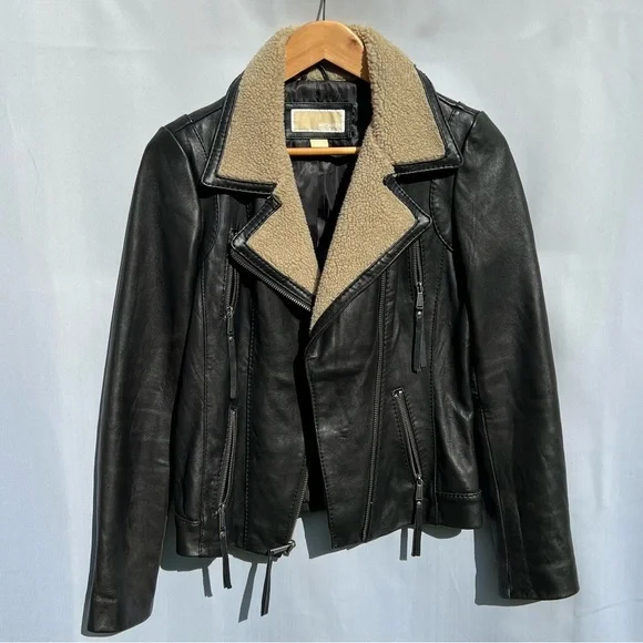 Michael Kors Jacket 100% Genuine Leather Aviator Zipped Jacket Sherpa Collar A1 - Picture 4 of 10
